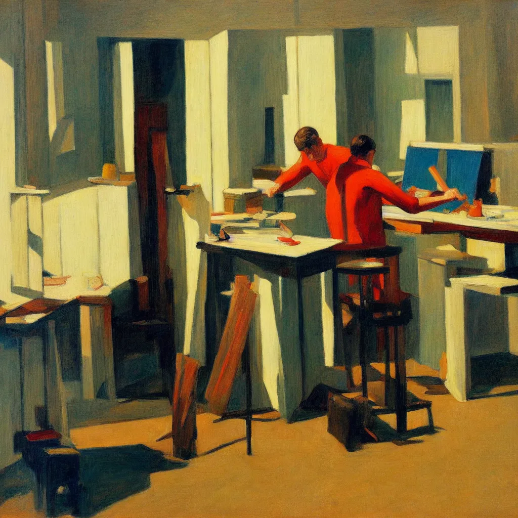 Image similar to painting of a artist, creating in his studio alone, in a huge studio, in the style of edward hopper