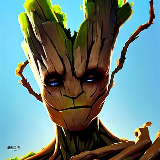 Image similar to Greg Manchess portrait painting of Groot as Overwatch character, medium shot, asymmetrical, profile picture, Organic Painting, sunny day, Matte Painting, bold shapes, hard edges, street art, trending on artstation, by Huang Guangjian and Gil Elvgren and Sachin Teng