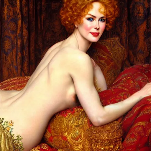 Image similar to beautiful_golden_portrait_of_a_Nicole_Kidman_a s_Grand Odalisque_intricate_oil_paintingby Jo hn_William_Godward_by_Anna_Dittman_by J-H 768-C9.0