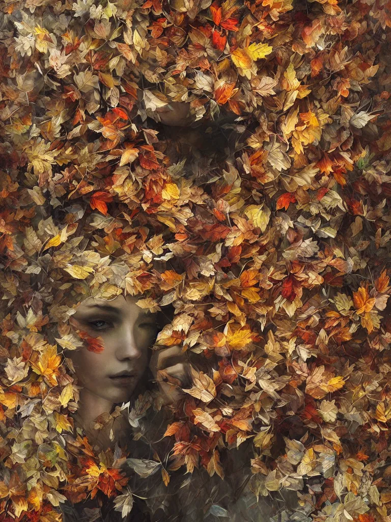 Prompt: a chaotic tornado of autumn leaves, intricate details, aesthetically pleasing and harmonious natural colors, art by marco mazzoni, impressionism, detailed, dark, wind