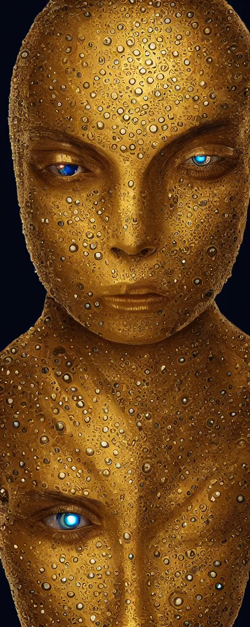 Prompt: an intricate, detailed face of an android, golden skin with water drops on it, deep blue eyes, studio lighting, artstation, art nouveau