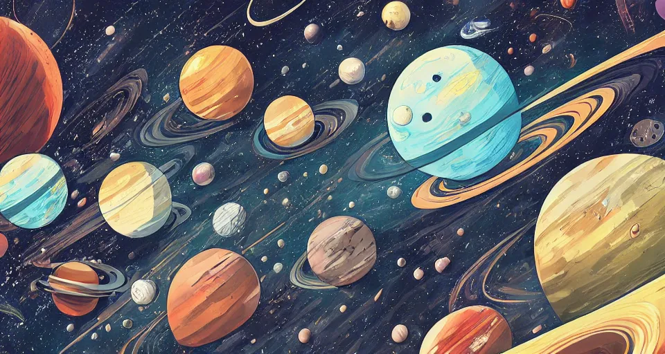 Image similar to A beautiful artwork illustration, an outer space exhibit cluttered with planets, featured on artstation, wide angle, horizontal orientation