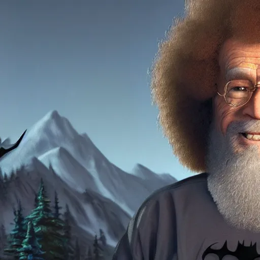 Prompt: a closeup photorealistic photograph of bob ross working on a canvas painting of batman and robin. film still. brightly lit scene. mountains and trees. this 4 k hd image is trending on artstation, featured on behance, well - rendered, extra crisp, features intricate detail, epic composition and the style of unreal engine.