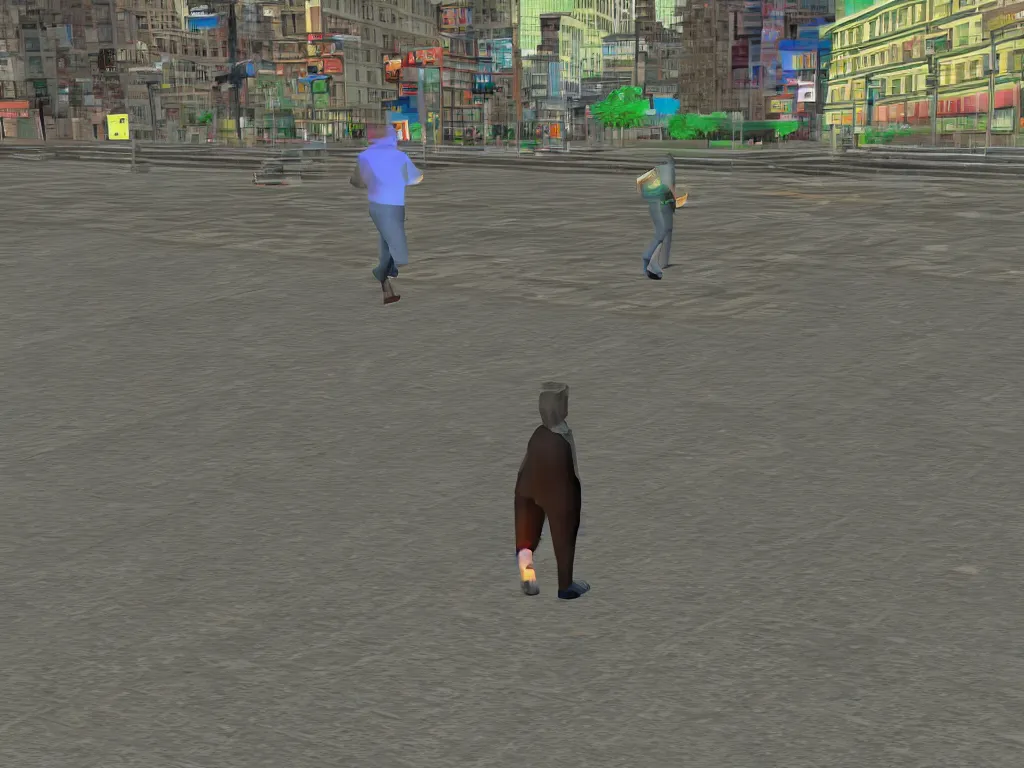 Image similar to glitchy Nintendo 64 N64 game, third person, man walking through city