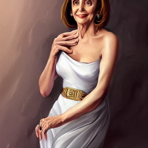 Image similar to nancy pelosi, anthropomorphic fox, furry, heeky smile, white romantic dress with intricate details, deep focus, elegant, digital painting, smooth, sharp, golden ratio, illustration, art by artgerm and caravaggio