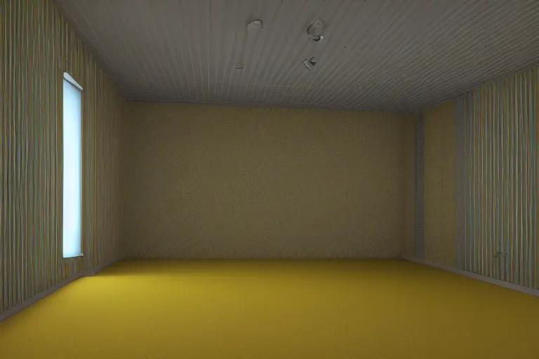 Prompt: 3 d render of jerma 9 8 5, jerma in a liminal space, non - euclidean space, endless halls of office space with worn light mono - yellow 7 0 s wallpaper, old moist carpet, and inconsistently - placed fluorescent lighting | high octane | blender | 3 d render