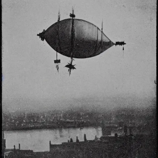 Image similar to grainy 1800s photo of a dirigible warship being shot down over a city