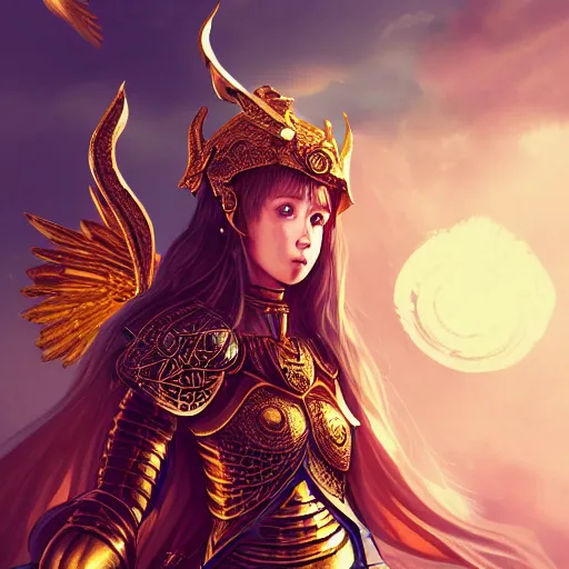 Image similar to An illustrationof a portrait of a young Knights of Zodiac girl, wings, golden & copper armor, fighting at ancinet Agora of Athens, ruins, Golden Light, illustration, art by WLOP, N I X E U and artgerm, volumetric light, lightrays, smoke, cinematic, intricate, hypermaximalist, super detailed