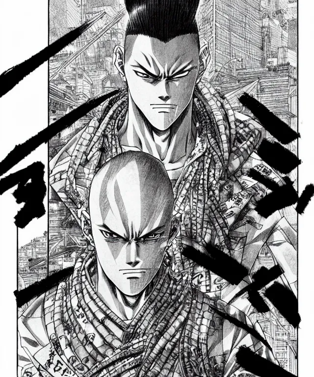 Image similar to A manga about a shaved-headed scarred yakuza. Sharp high quality manga, fine details, straight lines, solo, architecture in the background, masterpiece, highly detailed drawing by Yoshiaki Tabata, Tsutomu Nihei, Kentaro Miura