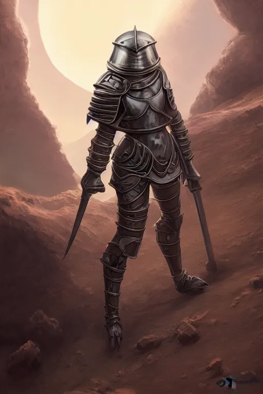 Image similar to crusader in armor standing in moon crater, highly detailed, d & d, fantasy, highly detailed, digital painting, trending on artstation, concept art, sharp focus, illustration, global illumination, ray tracing, realistic shaded, art by artgerm and greg rutkowski and fuji choko and viktoria gavrilenko and hoang lap, sunny