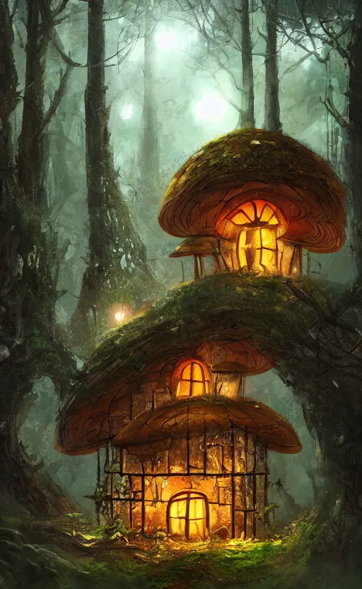 Image similar to a mushroom house in the middle of a forest at night, the lights are on, dynamic lighting, photorealistic fantasy concept art, trending on art station, stunning visuals, creative, cinematic, ultra detailed