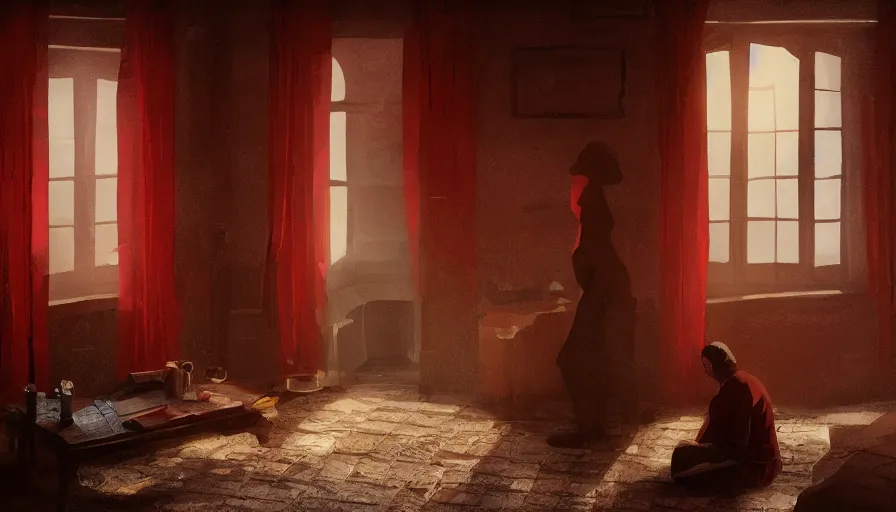 Prompt: old brick house, bright red light through the windows, black curtains, fireplace, old man watching through windows, hyperdetailed, artstation, cgsociety, 8 k