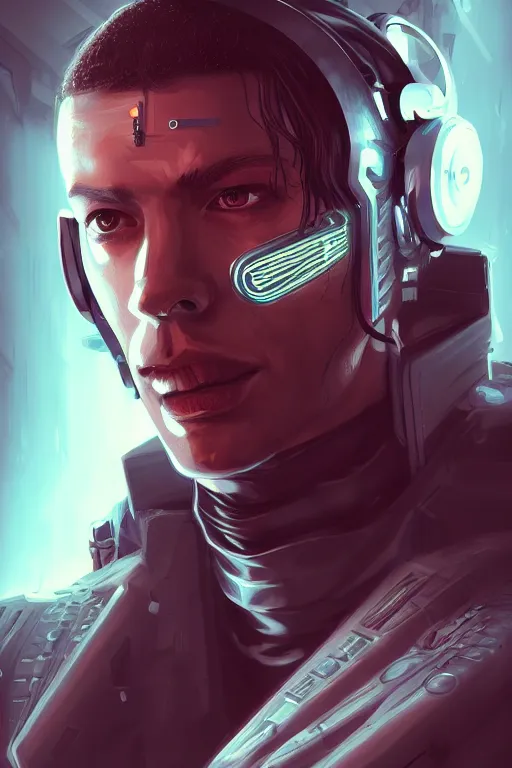 Image similar to a portrait of the handsome cyberpunk cyborg, high - contrast, intricate, elegant, highly detailed, digital painting, artstation, concept art, smooth, sharp focus, illustration