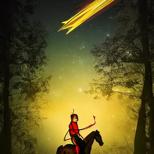 Prompt: arrows struck astronaut riding a horse in a fantasy forest, landscape, evening ambience, sunset, cinematic, digital art, front lit, epic, cinematic