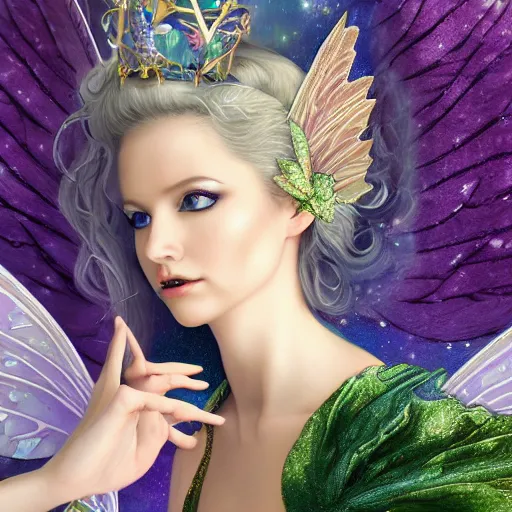 Image similar to detailed portrait of a fairy queen with wings wearing a silk robe, crown, pixie, iris, realism, emerald, galaxy, sapphire,blonde hair going down to the floor, moonlit, dark fantasy, dramatic lighting, cgsociety, artstation