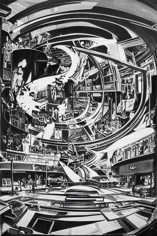 Prompt: the museum of everything, in the style of Robert McCall and Liz Danforth,trending on artstation, expensive lighting fish eye,creature concept art,black and white,oil and canvas ,in the silver hour,hyperrealism,