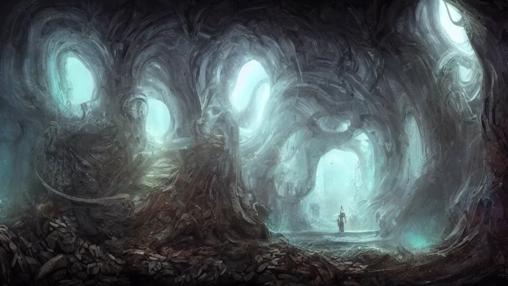 Image similar to old gods in the depths of Stump House Tunnel, dreamscape, dramatic lighting, fantasy art illustration, trending on artstation, Aetherpunk