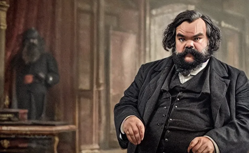 Image similar to Jack Black as Karl Marx in 'Marx' (2018), movie still frame, oscar nominated cinematography, volumetric lighting, 8k resolution