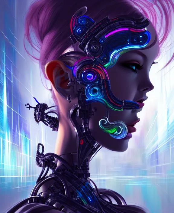 Image similar to whirlwind souls rushing inside metaverse, half body, tiara, robotic, android, cyborg, cyberpunk face, by loish, d & d, fantasy, intricate, elegant, highly detailed, colorful, vivid color, digital painting, artstation, concept art, art by artgerm and greg rutkowski and alphonse mucha and ruan jia