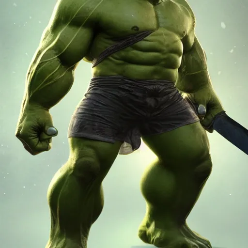 Image similar to the hulk wearing heavy armor carrying a big greatsword in his hands, au naturel, hyper detailed, digital art, trending in artstation, cinematic lighting, studio quality, smooth render, unreal engine 5 rendered, octane rendered, art style by klimt and nixeu and ian sprigger and wlop and krenz cushart