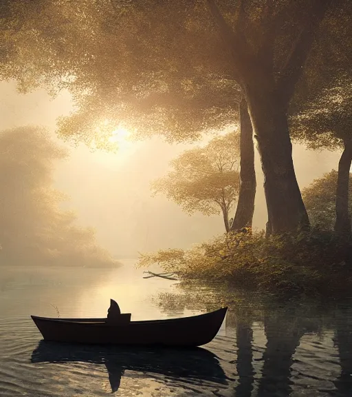 Image similar to three crows in a little boat in a swamp, volumetric lighting, majestic light, octane render, ethereal glare of the sun, hyperrealistic, epic, masterpiece, by greg rutkowski