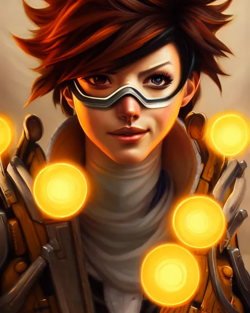 Image similar to tracer from overwatch, fantasy, fantasy art, character portrait, portrait, close up, highly detailed, intricate detail, amazing detail, sharp focus, vintage fantasy art, vintage sci - fi art, radiant light, caustics, by boris vallejo