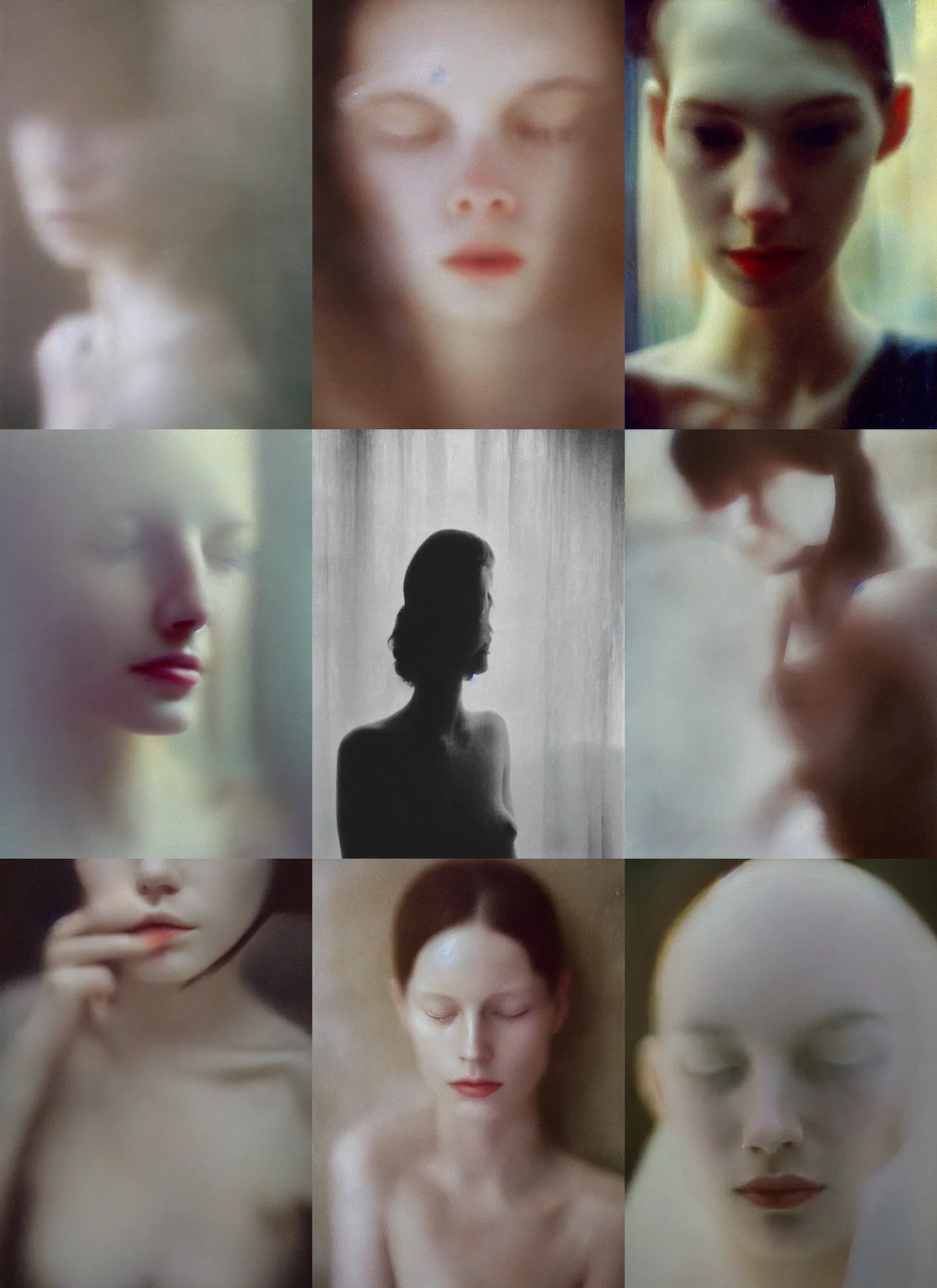 Prompt: dof, photorealistic portrait of a beautiful aesthetic pale woman by saul leiter, translucent white skin, closed eyes, foggy