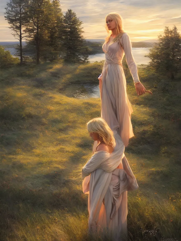 Image similar to blonde female jedi, Swedish countryside, landscape view, archipelago, freedom, dawn, sunrise, beautiful, by Vladimir Volegov, wlop, artstation