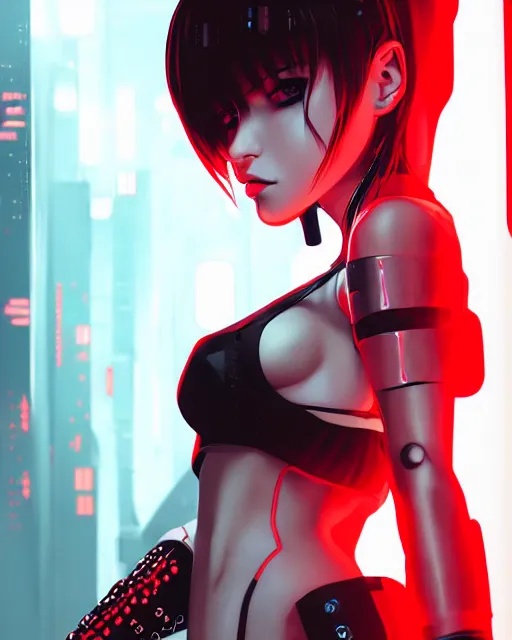 Image similar to a detailed potrait of a cyberpunk cyborg girl with black and red parts, perfect face, realistic shaded perfect face, detailed. night setting. very anime style. realistic shaded lighting poster by ilya kuvshinov katsuhiro, unreal engine, global illumination, radiant light, detailed and intricate environment, full length and white stockings