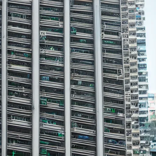 Image similar to a hong kong building side covered in wires and ac units