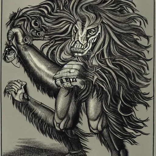 Prompt: a creature with the body and eyes of a man, with the beak of an eagle, the mane of a lion, and the horn of a bull. drawn by h. r. giger