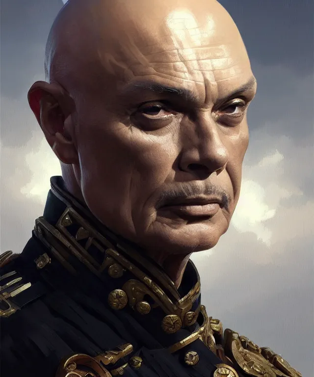 Prompt: Yul Brynner as an angry bald general, portrait, intricate, elegant, highly detailed, digital painting, artstation, concept art, smooth, sharp focus, illustration, art by artgerm and greg rutkowski and alphonse mucha