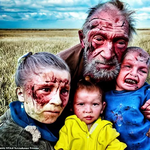 Image similar to selfie of the last surviving ukrainian with children, wild pain and damage to the body burns alive to the bone, painted in dirty yellow - blue colors, a huge nuclear explosion is approaching in the background