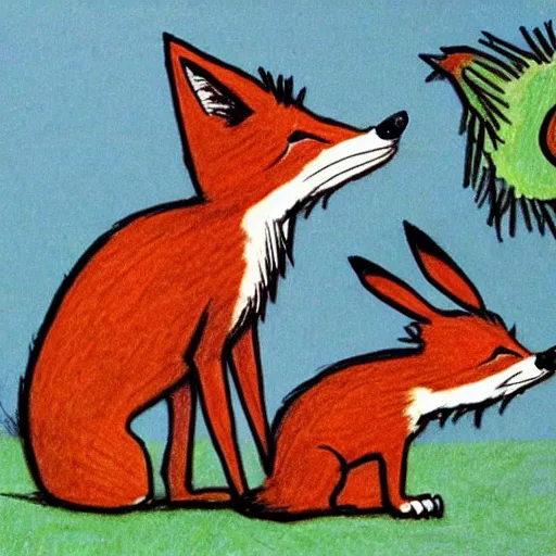 Prompt: ralph steadman style drawing of a fox and rabbit playing together, very detailed