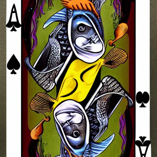 Image similar to two fishes playing cards at the bottom of the sea, lowbrow surrealistic, in the style of mark ryden,