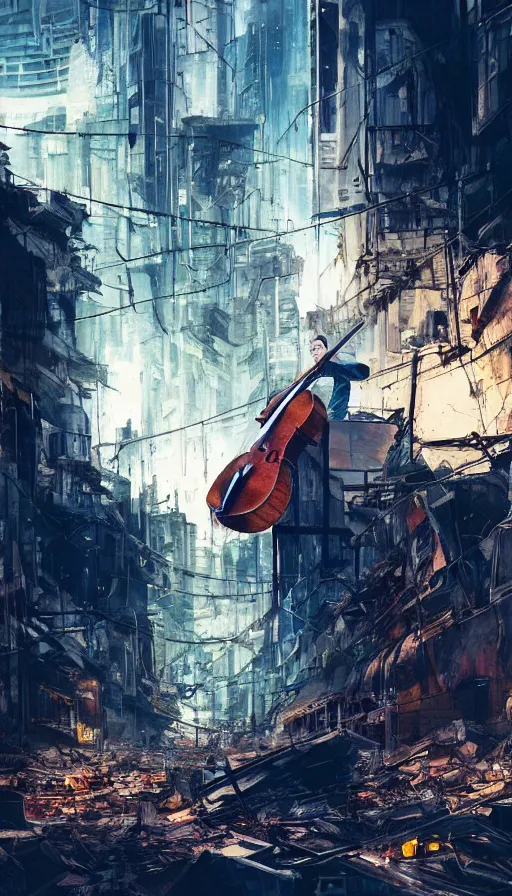Image similar to a cellist playing in the rubble of a fallen cyberpunk city looming above him, beautifully lit, concept art, sharp focus, a digital illustration by sam spratt and salvidor dali