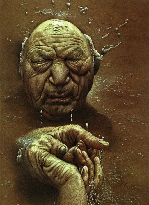 Image similar to fat fist leaking water Zdzislaw Beksinski, highly detailed