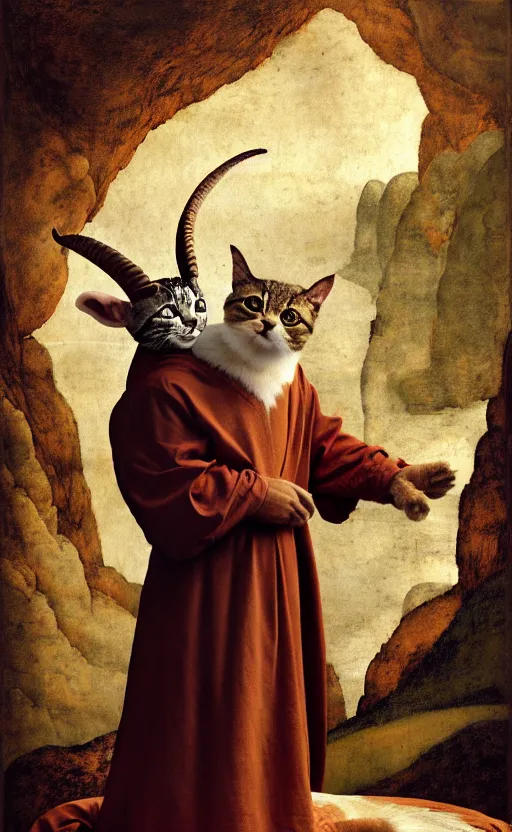 Prompt: a bipedal cat that has goat horns, anthropomorphic cat that is wearing robes, matte oil painting, by leonardo da vinci, by michelangelo, d & d, fantasy, concept art, cosmic, magical, fog, noble, full body portrait, intricate, ornate, extremely detailed, cult, ritual, sharp focus, 4 k, 8 k