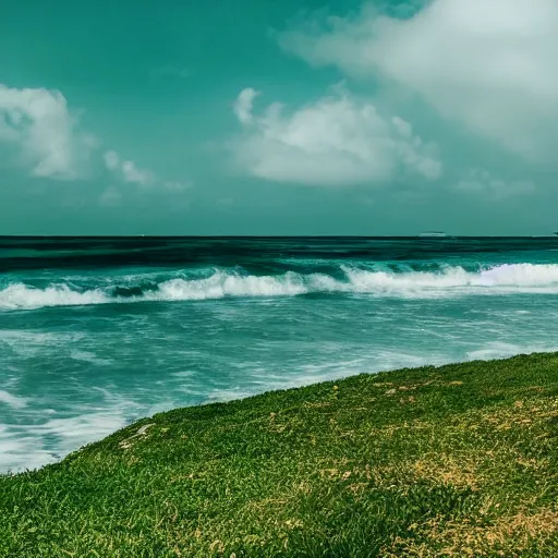 Prompt: green green green beach, green ocean, green sky, photography