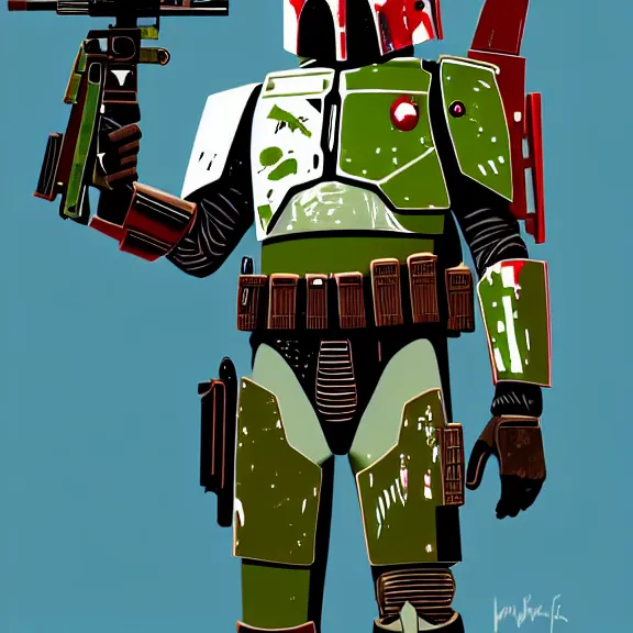 Prompt: Dynamic detailed artistic illustration of Boba fett but his armor is tan colored with desert camoflauge patterns, wearing nightvision goggles and holding an ar-15 rifle