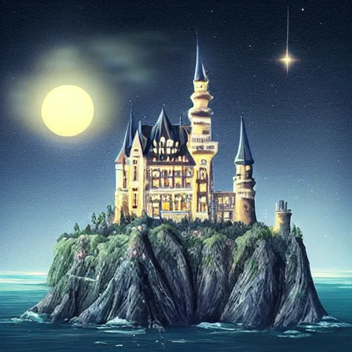 Image similar to a magnificent castle in the night sky above ocean, sense of awe, breathtaking, extremely detailed, concept art