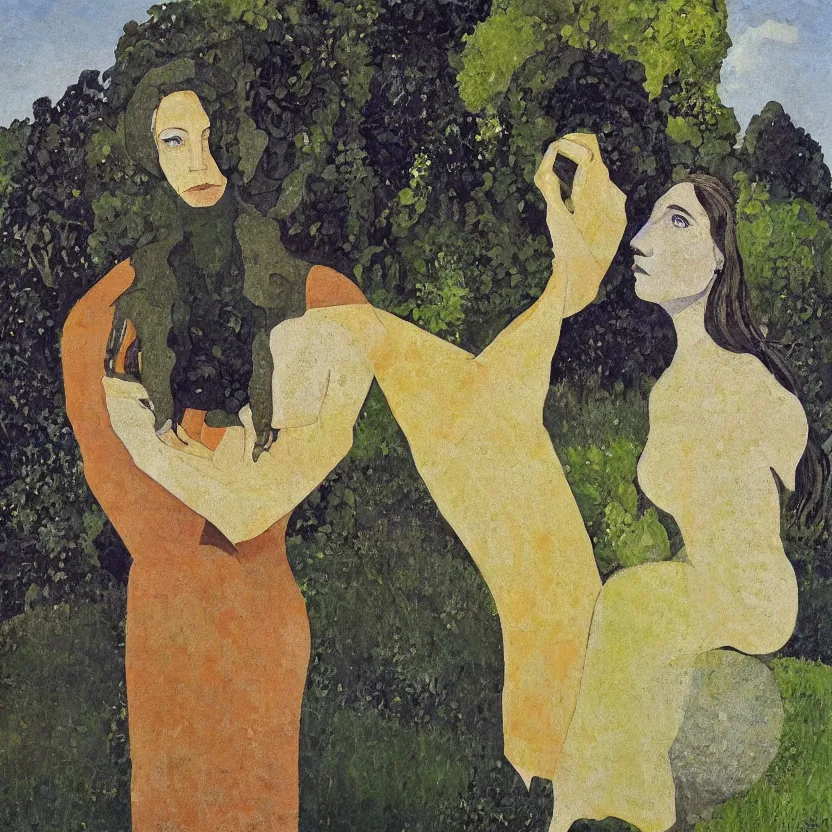 Image similar to a painted portrait of a women outdoors, art by felice casorati, aesthetically pleasing and harmonious natural colors, expressionism, fine day, mid shot portrait