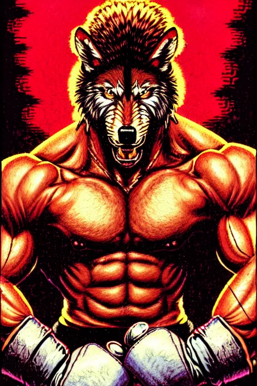 Image similar to extreme long shot. ultra jpeg compression. 8 bit nes graphics. 8 0's. vhs artefacts. antropomorphic muscular masculine wolf. kickboxer fighter, in shorts. wolf head. angry. fine details, very sharp, art from nes game cartridge, vaporwave style, marc simonetti and hermann nitsch and anish kapoor.