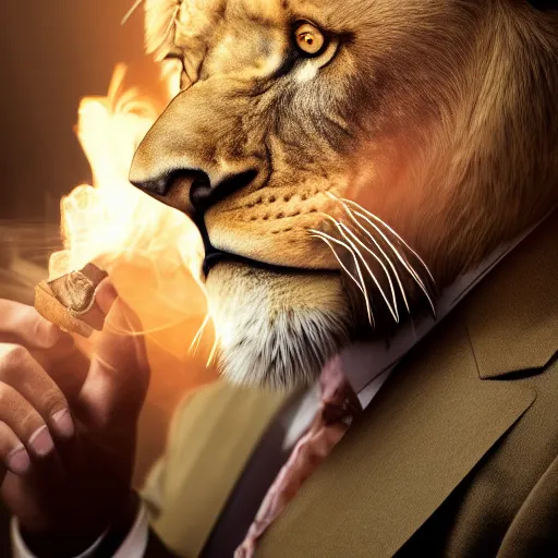 Image similar to a lion smoking a cigar wearing a suit, subject= lion, subject detail: wearing a suit, subject action: smoking a cigar, dramatic lighting, cinematic lighting, establishing shot, photorealistic, high details, cinematic, 8k resolution, extremly detailed, photorealistic, artstation, unreal engine