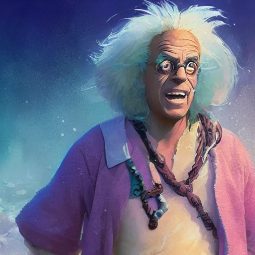 Prompt: doc brown as arielle the mermaid in water, studio ghibli, pixar and disney animation, sharp, anime key art by greg rutkowski, bloom, dramatic lighting