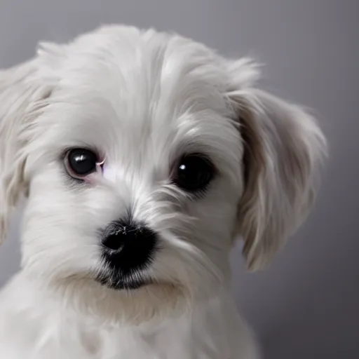 Prompt: photo of white maltese puppy dog staring into camera, photorealistic