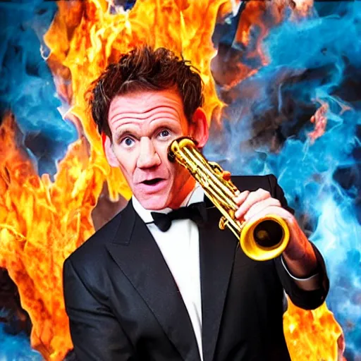 Prompt: gordan ramsay playing the saxaphone in hell surrounded by fire