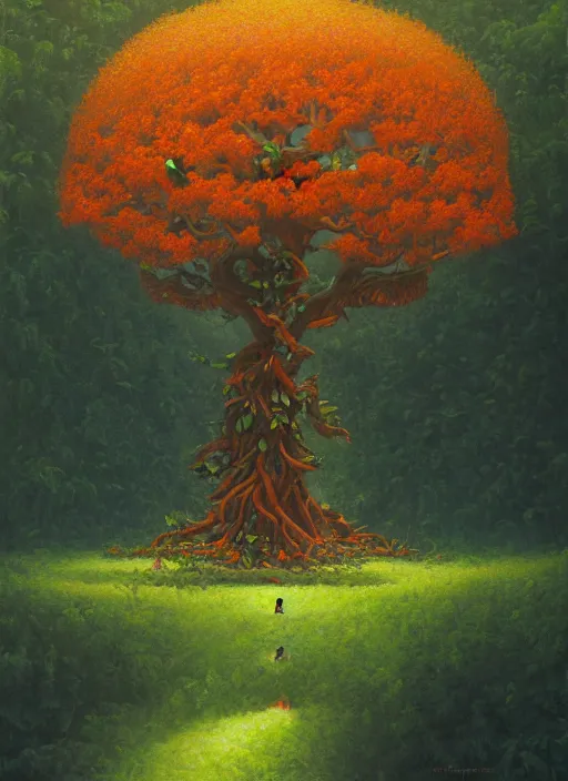 Image similar to ayahuma tree with orange fruits looking like an ent, art by christophe vacher