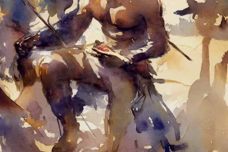 Image similar to small centered on watercolor paper, paint brush strokes, abstract watercolor painting of ancient egyptian worker break, cinematic light, national romanticism by hans dahl, by jesper ejsing, by anders zorn, by greg rutkowski, by greg manchess, by tyler edlin