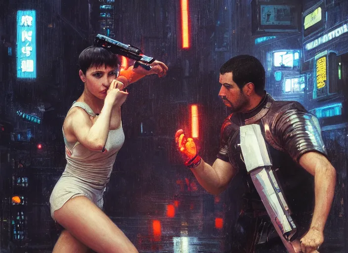 Prompt: blade runner fighting android 🤼 ( blade runner 2 0 4 9, cyberpunk 2 0 7 7 character design ). orientalist portrait by john william waterhouse and james gurney and theodore ralli and nasreddine dinet, oil on canvas. cinematic, hyper realism, realistic proportions, dramatic lighting, high detail 4 k